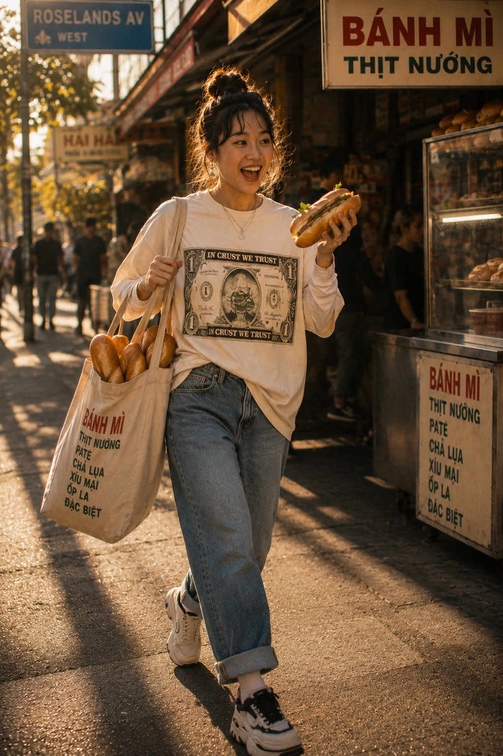 Thu Kiên modelling In Crust We Trust, Bánh Mì Shop limited drop shirt